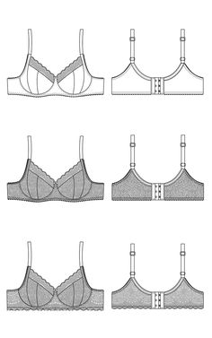 four bras are shown in different sizes and shapes, each with straps on the sides