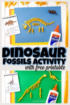 the dinosaur fossil activity with free printables is perfect for kids to learn about dinosaurs