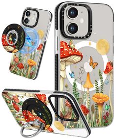 two phone cases with an image of mushrooms and butterflies on them, one is open to show