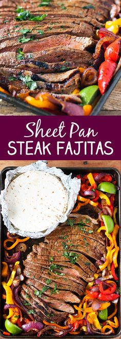 sheet pan steak fajitas with peppers and onions on the side, served in a casserole dish