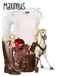 a woman in white shirt and brown boots next to bag with horse on it's back