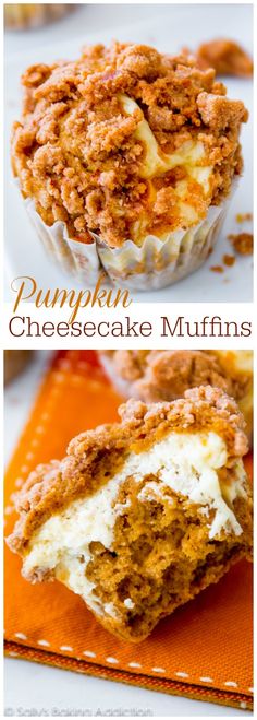 pumpkin cheesecake muffins with white frosting and cinnamon crumbs on top