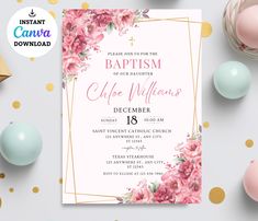 Baptism Invitation Template, Pink Baptism Invitation Template, Christening Invitation, Pink Baptism Invitation Card, Girl Baptism Invitation This listing is for the creation and delivery of DIGITAL FILES for you to print yourself. NO PHYSICAL PRODUCT WILL BE SHIPPED Editable Invitation Canva Template * Lifetime Access This invitation is self-editable in CANVA App (Super Easy to use app on computer and Phone in 5 minutes)! You can download the link upon purchase and we will send you the link to e Baptism Invitation Card, Christening Invitations Girl, Baptism Invitation Template, Invitation Layout, Christening Invitation, Girl Baptism, Invitation Pink, Baptism Invitation, Canva App