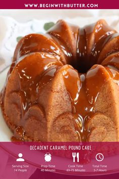 a bundt cake covered in caramel icing on top of a white plate