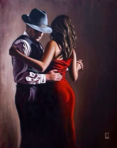 a painting of a man and woman in formal dress hugging each other while wearing hats