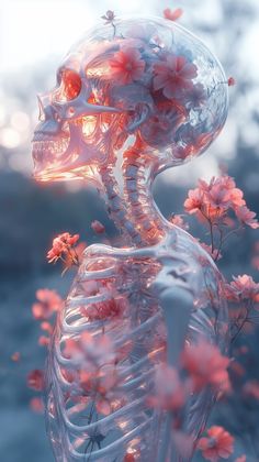 A transparent glass skeleton with flowers, set against a pink and blue light background, with a pastel aesthetic. Digital art in the style of fbinary, g makabara, Natalia Rak, bowater, and James Jean, with a hyperrealistic style. --ar 9:16 --v 6.1 --s 750 Skeleton With Flowers Aesthetic, Pink Bat Aesthetic, Skeleton Lockscreen, Aries Moross, Glass Skeleton, Good Wallpapers, Potential Wallpaper, Skeleton Flower, Collage Material