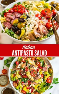 two bowls filled with different types of salads