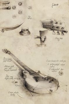 a drawing of a guitar and its parts