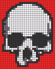 a cross stitch pattern with a skull on the front and bottom half of it, in red