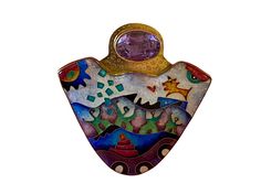 Description This one-of-a-kind, hand fabricated C.R. Dunetz Wearable Art Cloisonné Enamel Pin is truly a statement piece. Details Handcrafted with sterling silver, 14k , 22k and 24k and features an amethyst stone Measurements: 2" x 2" at longest points Weight - 1.2 oz Signed C.R. Dunetz Sterling - 14k . 22k . 24k Further decorated with engraved pictographs Can be worn as a pin with the bar pin closure or as a pendant with the bale All jewelry is final sale and not eligible for return Designer Enamel Jewelry For Gift, Designer Enamel Jewelry As A Gift, Designer Multicolor Jewelry For Gifts, Artistic Multicolor Formal Jewelry, Artistic Multicolor Jewelry For Formal Occasions, Artistic Multicolor Jewelry For Formal Events, Luxury Artistic Design Jewelry For Gift, Designer Handmade Jewelry As A Gift, Unique Hand Painted Jewelry For Anniversary