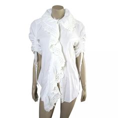 Upcycled OOAK High Fashion Asymmetrical Ruffle Collar Blouse Top Drawstring | eBay Fitted Asymmetrical Blouse For Daywear, Spring Asymmetrical Blouse With Ruffles, White Asymmetrical Top With Ruffles, Ruffle Collar Blouse, Ruffle Collar, Collar Blouse, Brands Outlet, Blouse Top, Womens Clothing Tops