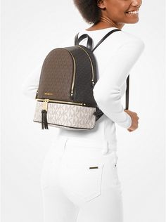 Rhea Medium Color-block Logo Backpack | Michael Kors Michael Kors Backpack For On-the-go, Trendy Michael Kors Bag With Zipper Closure, Michael Kors Backpack With Zipper Closure For On-the-go, Logo Print, Leather Backpack, Designer Handbags, Fashion Backpack, Spring Fashion, Zipper Pocket