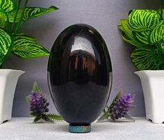 an egg shaped vase sitting on top of a table next to potted plants