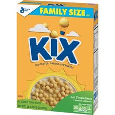 a box of kix cereal with the word family size on it's side