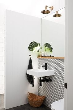 a bathroom with a sink, mirror and toilet in the corner next to a potted plant