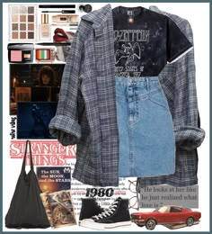 Retro Denim Skirt Outfit, 80s Edgy Outfits, Late 80s Outfits, Stranger Things Outfits Inspiration, Stranger Things Aesthetic Outfits, 80 Style Outfits Women, 90s Mom Jeans Outfit, 80s Vibes Outfits