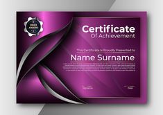 a purple certificate with silver lines on the front and back, it is an excellent example for