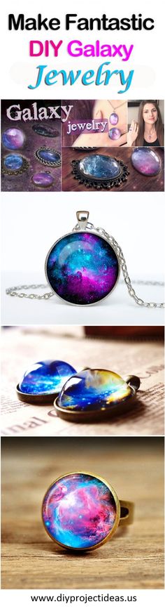 the galaxy necklace is being displayed in three different pictures, with text overlaying it