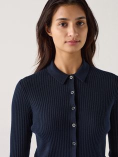 Merino Ribbed Polo Cardigan | UNIQLO US Fitted Fine Knit Button-up Sweater, Chic Button-up Top With Ribbed Collar, Fitted Button-up Cotton Cardigan, Fitted Cotton Button-up Cardigan, Fitted Cotton Sweater With Buttons, Fitted Fine Knit Collared Top, Fine Knit Button-up Top For Work, Fitted Collared Sweater With Buttons, Fitted Button-up Cardigan With Ribbed Collar