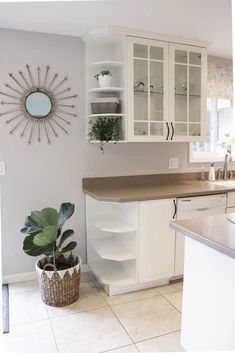 a kitchen with white cupboards and a potted plant on the counter in front of it