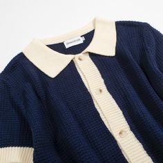 - Knitted Polo- 100% cotton yarn- Unlined- Regular fit- Machine washable Fabric & Care- Delicate Machine Wash at 30 degrees(86℉) with similar colors.- Iron inside out on low temperature.- Store flat.- Do not tumble dry.- Do not bleach. Knit Short Sleeve Top, Polo Cardigan, Knitted Polo, 1960s Mod, Vintage Clothing Men, Mod Fashion, Knit Short, Men Vintage, Mens Navy