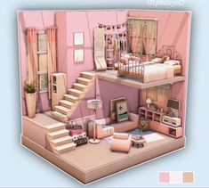 an image of a doll house with furniture and accessories on the top floor, stairs to the second floor