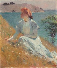 a painting of a woman sitting on a hill by the water with her back to the camera