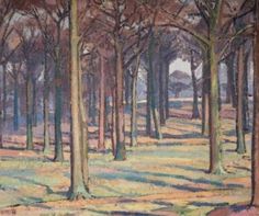 a painting of trees and grass in the woods