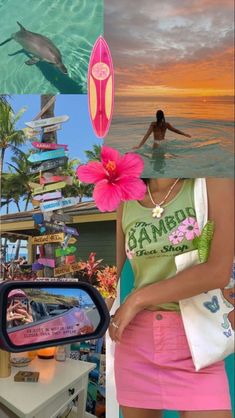 a woman standing in front of a mirror next to a surfboard and palm tree