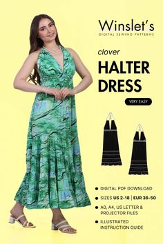 a woman in a green dress with her hands on her hips and the words, clutter halter dress