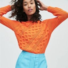 Diagonal Cable Knit Sweater In Spicy Orange. J Crew Outfits, Cherry Sweater, Cotton Cable Knit Sweater, Linen Sweater, Cable Knit Jumper, Crew Clothing, Small Sweater, Jcrew Women, Topshop Outfit