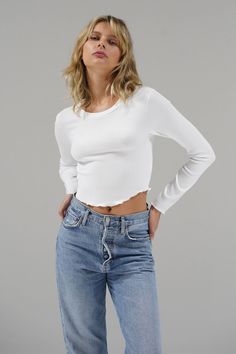 LNA Arya Cropped Long Sleeve in White Spring Cropped Crop Top For Layering, Spring Layering Tops With Cropped Hem, White Cropped Hem Tops For Fall, Spring Everyday Cropped Hem Tops, Trendy Long Sleeve Crop Top For Layering, Spring Layering Stretch Crop Top, Stretch Crop Top For Spring Layering, Everyday Spring Crop Top With Cropped Hem, Everyday Spring Cropped Hem Crop Top