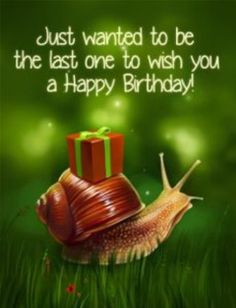 a snail with a gift box on it's back in the grass, saying just wanted to be the last one to wish you a happy birthday