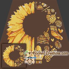 a cross stitch sunflower and bees on a brown background with the words hooked creations com