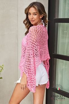 Indulge in sophisticated elegance with the Kelly Crochet Drop Shoulder Top, a luxurious Italian-crafted poncho sweater. Meticulously crocheted from a premium blend of wool and viscose, this timeless piece boasts a graceful drop shoulder design that cascades effortlessly down the figure. Refined and cozy, it adds a touch of high-end sophistication to any ensemble. Unlined 62% Acrylic, and 38% Nylon Hand Wash Made in Italy Chic Knitted Sweater For Beach, Open Knit Poncho For Vacation, Beach Open Knit Poncho One Size, Beach Poncho In Open Knit One Size, Beach Poncho With Open Knit One Size, One Size Knitted Poncho For The Beach, Chic Beach Cover-up Poncho, Knitted Shawl Sweater, Fall Beach Sweater With Crochet Lace