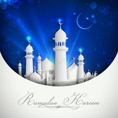 an illustration of a mosque with stars and moon in the background