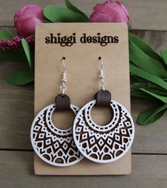 Laser Earrings, Laser Engraved Earrings, Glowforge Projects, Laser Cut Wood Earrings, Mandala Earrings, Engraved Earrings, Laser Cut Wood Crafts, Yellow Sunflowers