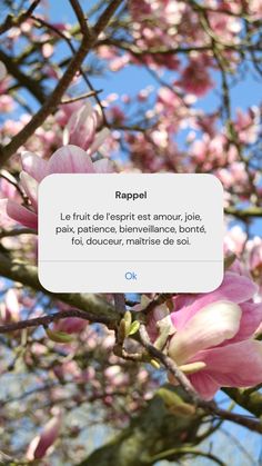 pink flowers are blooming on a tree with the words rappel in french above them