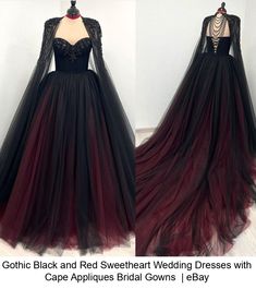 Gothic Black and Red Sweetheart Wedding Dresses with Cape Appliques Bridal Gowns  | eBay Gothic Fall Wedding Dress, Black Burgundy Wedding Dress, New Orleans Style Wedding Dress, Evil Queen Prom Dress, Emo Dresses Prom Goth, Fairy Inspired Dress Gowns, Villian Wedding Dress, Viking Wedding Dress Black, Dark Red Wedding Dress Goth