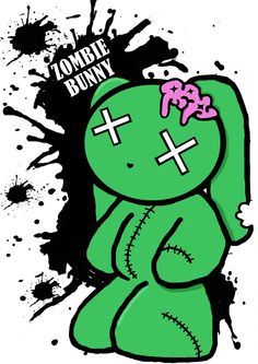 a green teddy bear with a cross on it's chest and the words zombie bunny written in pink