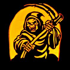 a carved pumpkin with a skeleton holding a scythe