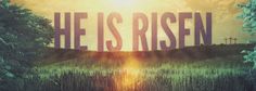 the words he is risen are in front of a field with tall grass and trees