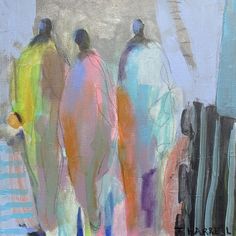 three people are walking down the street in pastel colors