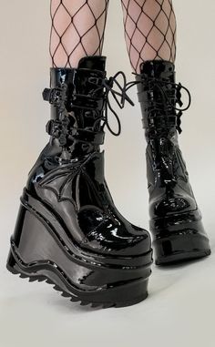 WAVE-150 Platform Batty Wedge Boots | Black Patent-Demonia-Tragic Beautiful Black Boots With Bat Wings, Goth Platforms, Demonia Boots, Punk Style Outfits, Futuristic Shoes, Demonia Shoes, Bat Wing, Junk Drawer, Platform Wedge