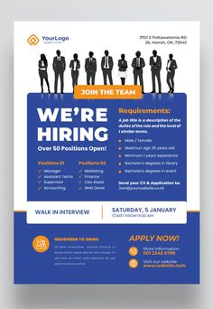 a blue and orange flyer with people in business suits on it, which reads we're hiring