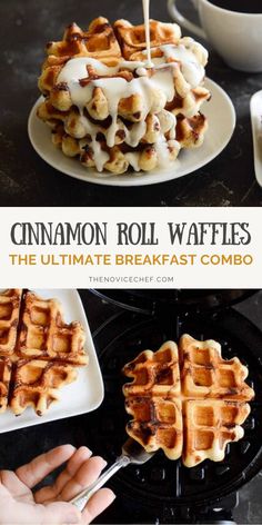 a stack of cinnamon roll waffles sitting on top of a pan