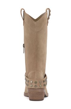 A slim rand and flat studs kick up shine in a Western-inspired boot outfitted with a low stacked heel. 1 1/4" heel 9" shaft Pull-on style Leather upper/synthetic lining/rubber sole Imported Western Boots With Silver Studs For Fall, Western Style Snip Toe Boots With Studs, Western Heeled Boots With Studs And Round Toe, Western Snip Toe Boots With Studs, Western Style Studded Snip Toe Boots, Western Boots With Silver Studs And Round Toe, Wide Calf Mid-calf Boots With Snip Toe For Rodeo, Studded Suede Boots, Western Mid-calf Boots For Rodeo With Reinforced Heel