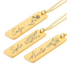 Create a truly unique gift by personalizing this necklace with a name and a birth flower. Optionally, you can choose to give the necklace an even more personal touch by adding a custom message on the back. The perfect gift for birthdays, anniversaries, friends, bridesmaids etc. How it works? 1. Choose your favorite color (Silver, Gold or Rose Gold)/ Birth Month 2. Fill out our personalization section with your name/back if purchased. 3. We make your custom necklace and ship it! Specifications - Necklace size: 56 cm  - Pendant size: 10x40mm  - Material: stainless steel - The necklace will be packed in a gift box Unique Necklace Designs, Birth Flower Necklace, Straight From The Heart, Flower Names, Month Flowers, Birth Month Flowers, Name Jewelry, Unique Necklace, Galway