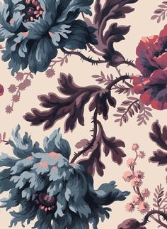 a floral wallpaper with blue and red flowers