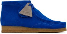 Ankle-high brushed suede derbys in blue. · Square moc toe · Lace-up closure · Grained leather lining · EVA foam rubber midsole · FSC®-certified crepe rubber platform outsole · Platform: H1 in Wholesale exclusivity at SSENSE. Supplier color: Blue suede Wallabee Clarks, Blue Suede Shoes, Clarks Originals, Original Clothes, Bright Purple, Blue Square, Jesus Shirts, Eva Foam, Blue Suede